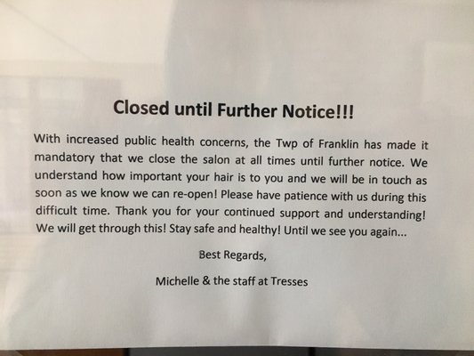 Sign on front door 4/18/2020 (during COVID19 Pandemic)