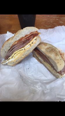 Amazing taylor ham egg and cheese on a round roll