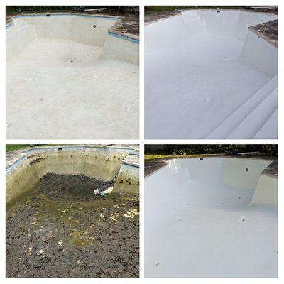 Painted pool before and after comparison.