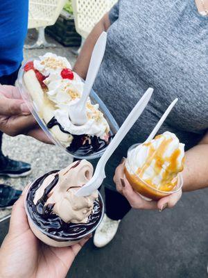 Banana split, chocolate hot fudge sundae and caramel sundae.