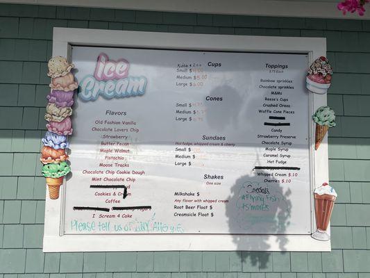 Ice cream menu