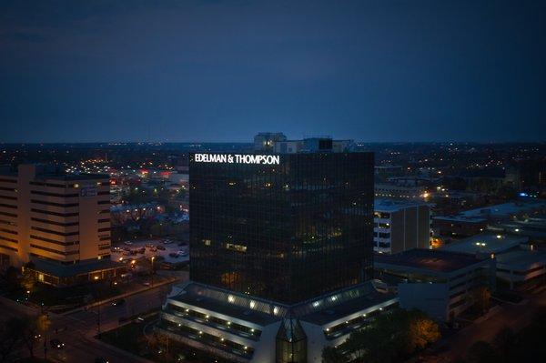 Our office in mid-town Kansas City, with illuminated signage, is a recognizable area landmark.