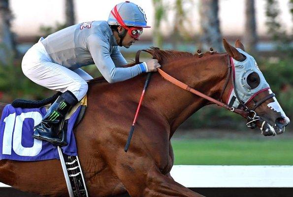 Ridden by Victor Espinoza, the Kentucky Derby winner California Chrome raced at Los Alamitos in 2016.