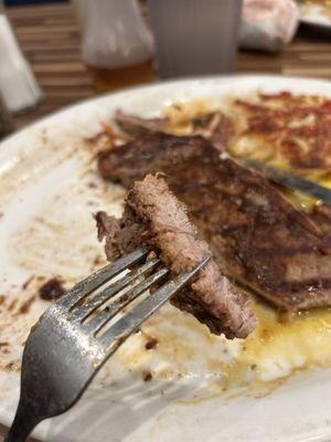 3/4 LB. T-BONE STEAK & EGGS , these folk don't know how to cook a medium steak or over medium eggs.