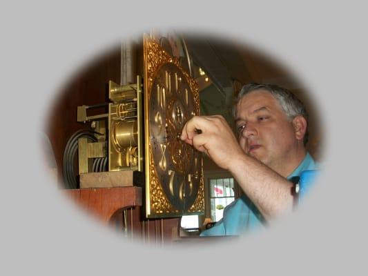 Our master clockmaker repairing an 1880 Walter Durfee grandfather clock