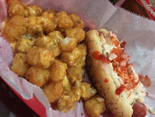 Sriracha Slaw Dog and nacho cheese tots!