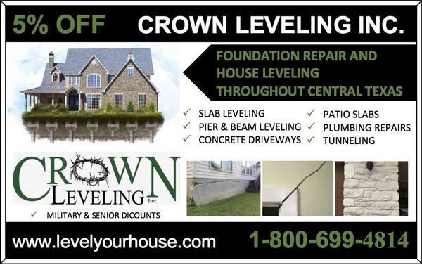 Mention this ad for 5% off foundation repair services. www.levelyourhouse.com