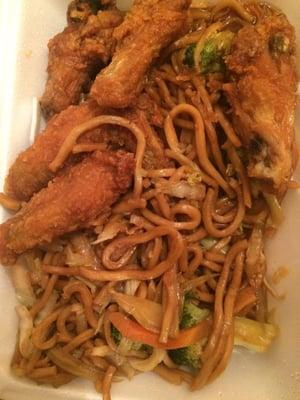 Veg Lo mein and honey wings. (Half eaten)