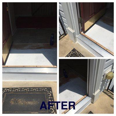 Doorway threshold replaced wood, door seal and primed for paint.