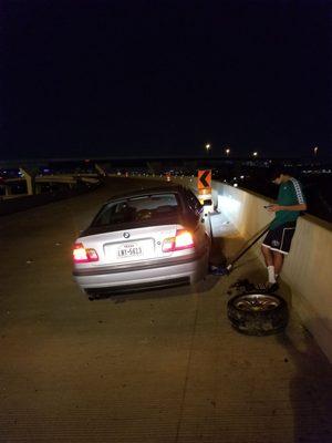 Flat tire change at 2:13am on Hight 288 overpass. Lockouts, jumpstarts and fuel delivery available.