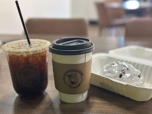 Americano, brown sugar latte, and cinnamon roll. All wonderful!