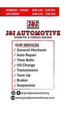 j & j automotive Brewster NY our services auto repair time belts oil change transmission brakes tune up suspension 
@janjautomotiveny