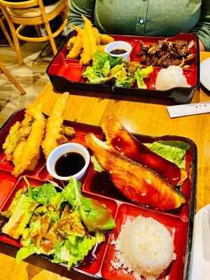 Beef Teriyaki and Tempura, Salmon Teriyaki and Tempura