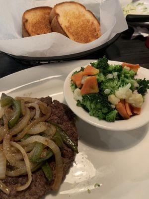 We both had the hamburger steak with peppers and onions, vegetable medley and a side salad and Texas toast.