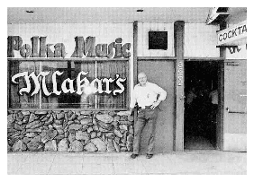 Musician Joe Mlakar in front of his now closed "Elbow Room" polka tavern in Fontana, CA