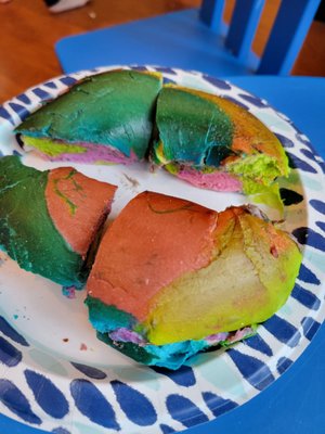 Rainbow bagel with oreo cream cheese. My son loves it.