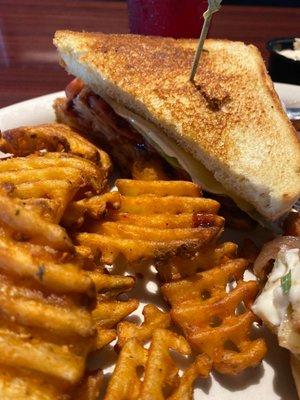 Turkey Club with waffle fries