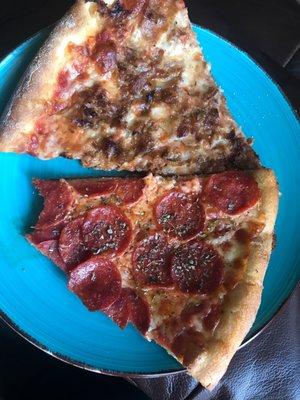 Pepperoni and a slice of sausage oh yea