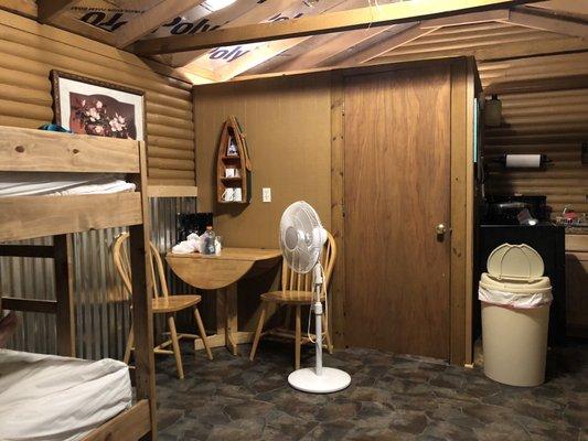 Inside the cabin looking at the bathroom area