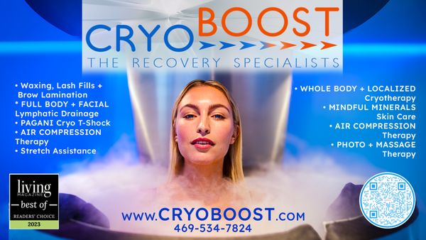 This image includes details about out expanded service offerings & Living Magazine Best Cryotherapy in Mckinney/Allen 2023 award recipient.