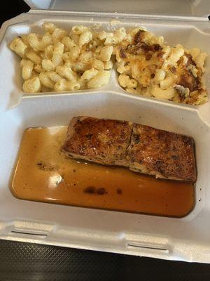 Bourbon maple salmon with double Mac and cheese