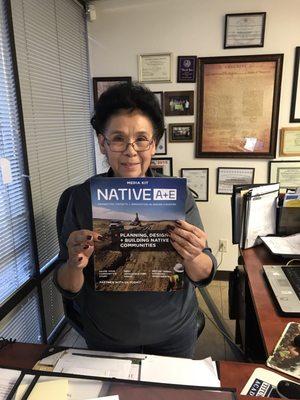 Gala, owner of Aztec Printing Solutions is proudly holding the media kit they printed for our new magazine Native A+E!!! Thank U