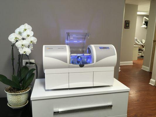 Cerec 3D printer for crowns, inlays, onlays, implant crowns, bridges.