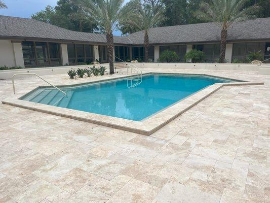 Look at this renovation! We replace all pool equipment, added a ladder and handrail, and replaced tile and pavers.