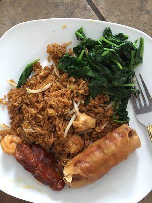 Chinese Takeout: Special Fried Rice, Hot Braised Chicken Wing, Pork Egg Roll, and Spinach that I sautéed at home.