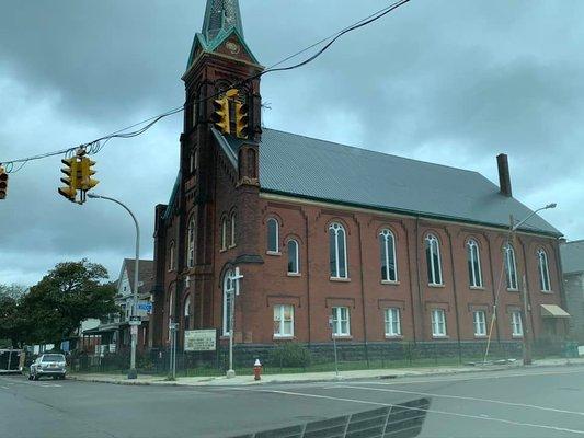 Situated in East Buffalo, this red brick Romanesque Revival edifice is notable for its size and height. The structure was built in 1895.