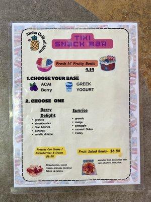 Tiki Snack Bar Menu