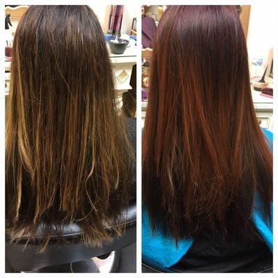 Before and after. From grown out Carmel balyage to rich violet shadow root melted into copper