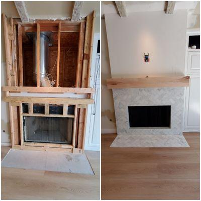 Before and after fireplace. Marble tile in herringbone pattern