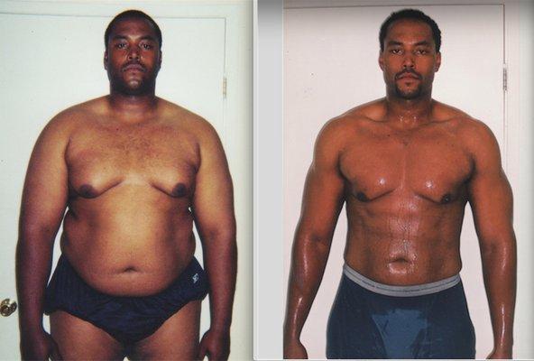 My client former NFL player Tim before & after. He lost an extraordinary 125lbs. in eleven months. Changed his health & changed his life!