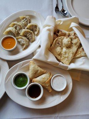 Appetizer selection we chose. Chicken Momo, Garlic Naan, Vegetable Samosas