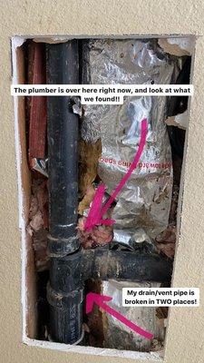 The broken kitchen sink vent and sink drain was discovered while Craig was rerouting the vent near the roof.