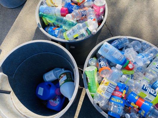 Recycling 2 barrels of # 1 plastics and a partial barrel of #2 HDPE plastics.