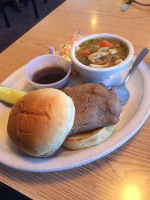 Lunch special Prime Rib Sandwich and Chicken Noodle Soup, delicious!