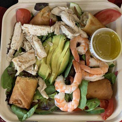 Summer Salad with shrimp, chicken, Chinese egg rolls and avocado.  Asked for Lemon Vinaigrette.