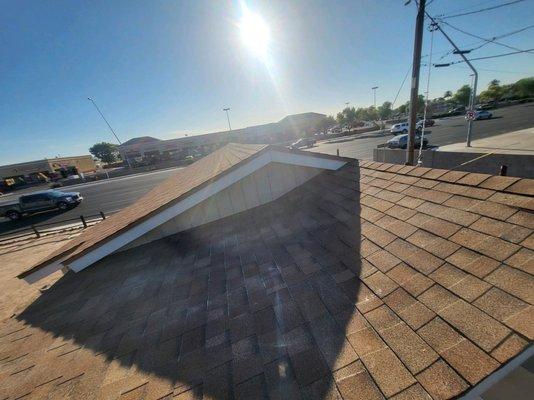 Photo of the new roof installed as roof was leaking and had wood damage.