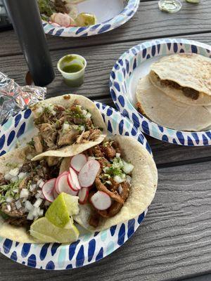 below: carnitas, adobada, & cabeza tacos, steak militias