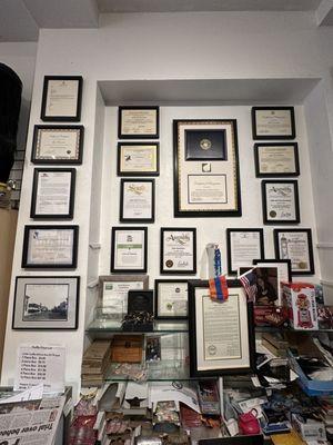 Wall of certificates/awards!