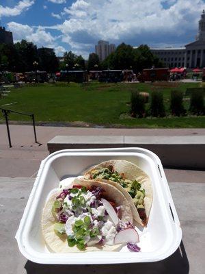 Buffalo taco and carne asada taco.