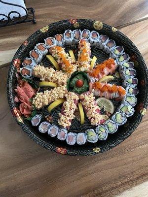 tray of assorted sushi rolls. Love the care they put into their food- even the take out!