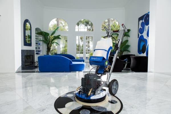 A water only process to grind, hone, and polish stone floors starting from a gloss level of 0 to 100 plus!