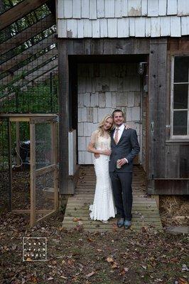 Serene country wedding in a barn.  Chicken coop seemed the best backdrop for a celebratory "just married" shot.