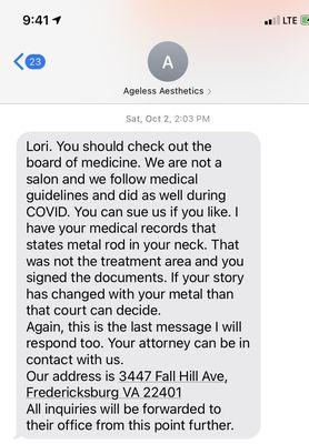 Communication from salon admitting that they were informed of the metal in my neck in advance of the treatments.