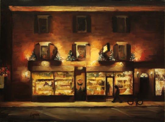 Manley's is a jewel in the neighborhood, spreading the joy of celebration all year long. View from the 8th Ave painted in oil by Leah Lopez.