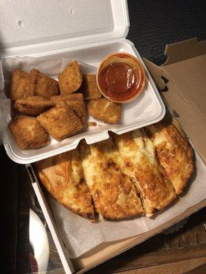 Fried ravioli and buffalo chicken calzone