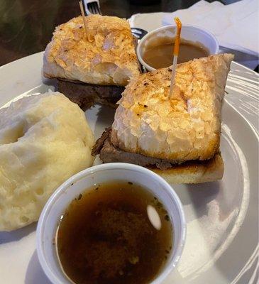 Pot roast sandwich with mashed and gravy. My tummy reminded me to order it without cheese or grilled onions.